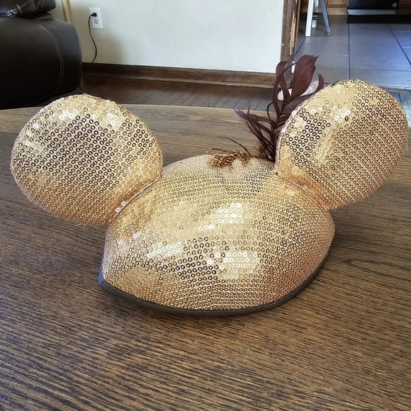 Disney Park Authentic Mickey Mouse Ear Hat Gold Sequins & Feather One Size - Picture 5 of 8
